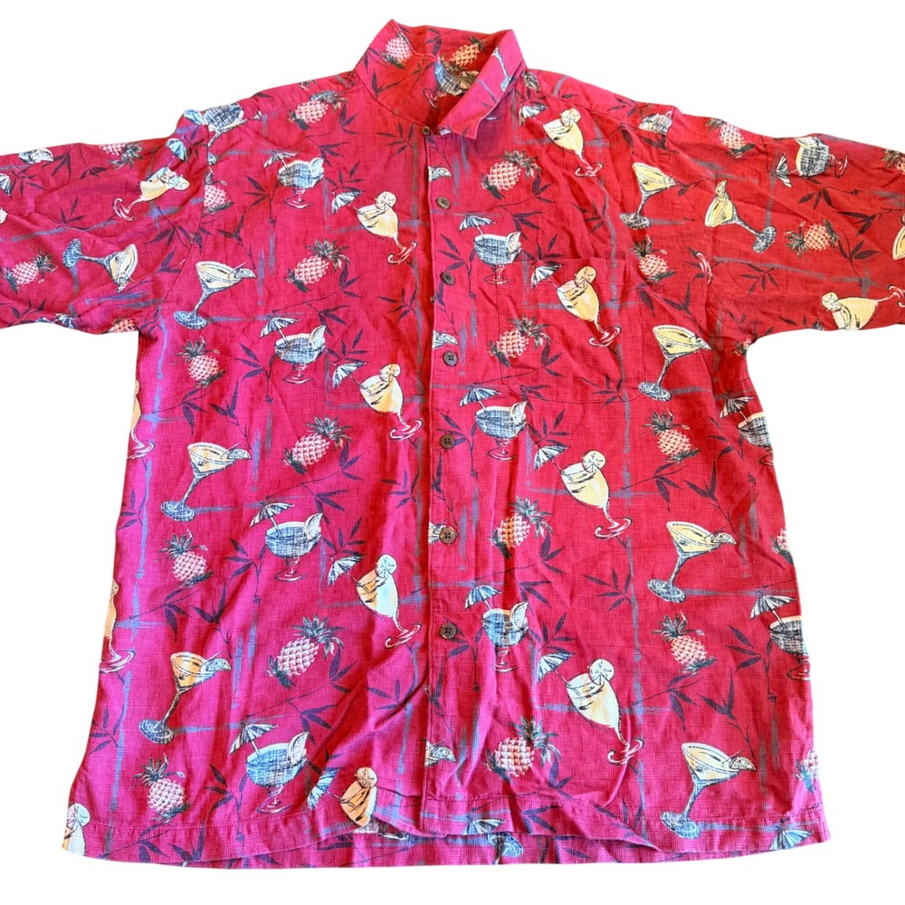 Palm‎ Island Mens Red Cocktail Pineapple Hawaiian Shirt Large Cotton Rayon Dobby